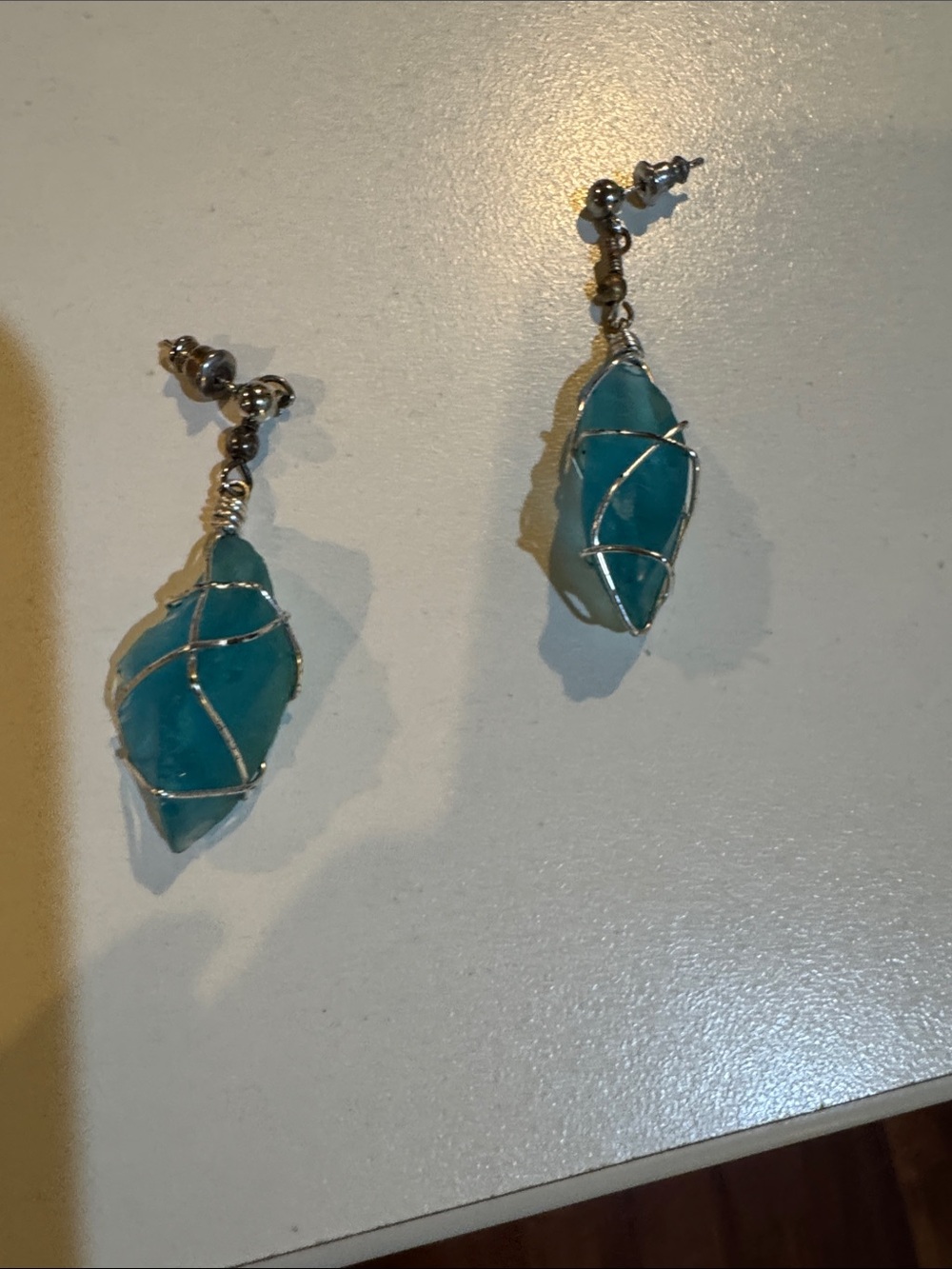 Handcrafted Teal Wire-Wrapped Drop Earrings